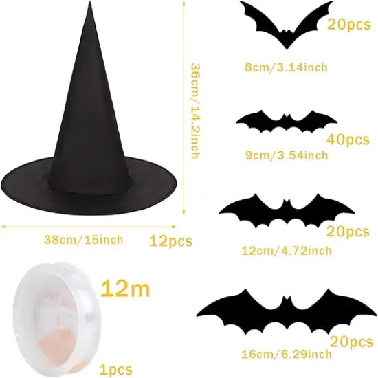 12 Pcs Halloween Witch Hats with 120 Pcs Bat Wall Stickers {2}