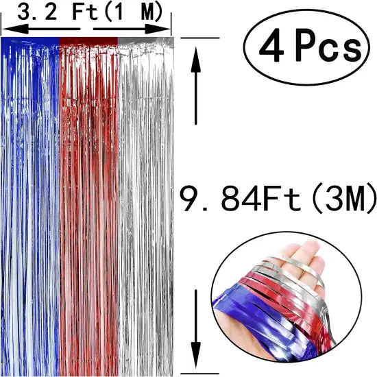 Red White Blue Patriotic Party Tinsel Foil Fringe Curtains - American USA Theme Birthday Party 4th of July Independence National Day Party Metallic Foil Curtains Photo Booth Backdrops Decorations, 4pc {2}