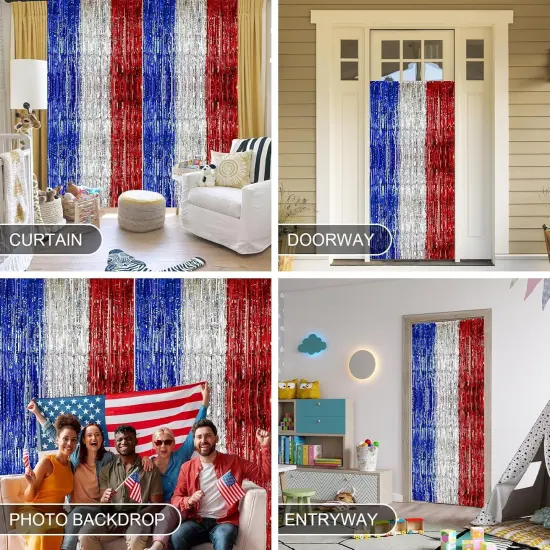 4th of July & Veterans Day Decorations, 2 Packs 3.3 x 6.6 ft Red White and Blue Foil Fringe Curtains, Tinsel Streamers for Patriotic Parties {4}