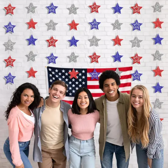 8 Pack Patriotic Star Banner Garland - Glitter Red White Blue Hanging String Garlands for 4th of July, Memorial Day, Independence Day, Veterans Day Party, Holiday Decorations, Labor Day, Party Decor {5}