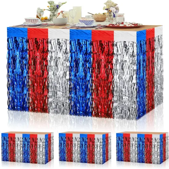 4 Pack 4th of July Decorations, Metallic Foil Fringe Tinsel Table Skirts Patriotic Red White Blue Party Decorations Fourth of July Tablecloth for Independence Memorial Veterans Day {1}