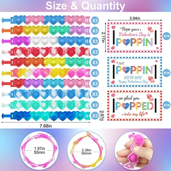30 Pieces Valentines Day Gifts for Kids Valentines Day Cards for Kids classroom School .Heart POP Bracelets.Valentine's Classroom Exchange Cards and Kids Party Favors.Valentines goody bag filler. {1}