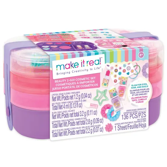 Make It Real: Beauty 2-Go! Cosmetic Set - 136pcs, Glam for Eyes-Hair-Nails, Tray Compartments, Pink & Purple Storage Carry Case, Girls & Kids Ages 8+ {1}