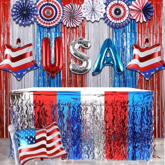 Patriotic Party Supplies Set USA Hanging Paper Fans Foil Fringe Curtains Backdrop Metallic Tinsel Table Skirt USA Flag Foil Balloon for Independence Day Party Supplies {1}