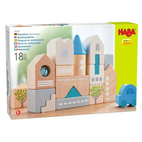 HABA Wooden Building Blocks Bad Rodach 18-Piece Set, Beech Wood Stacking Blocks for Ages 18 months and up. Made in Germany. Multicolor {7}