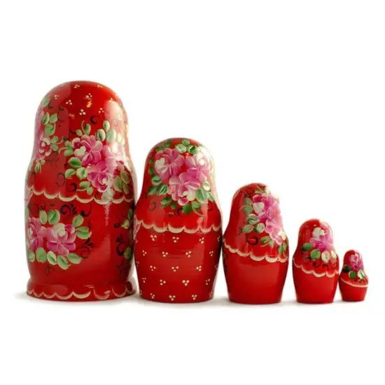 Set of Girls in Red Dress Wooden Nesting Dolls 7 Inches {3}