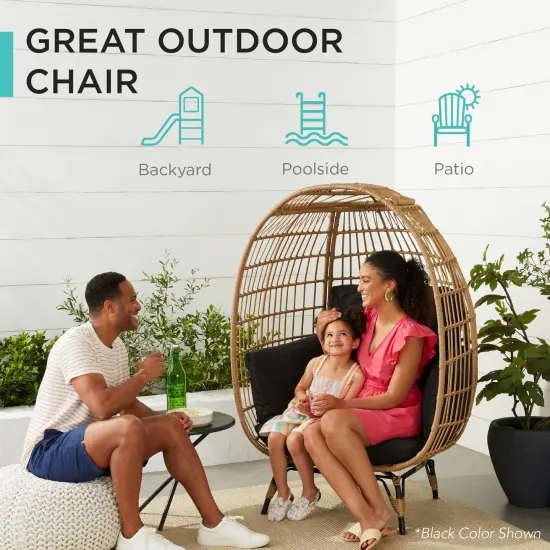 Best Choice Products Wicker Egg Chair Oversized Indoor Outdoor Patio Lounger w/ Steel Frame, 440lb Capacity Gray/White Sand {2}
