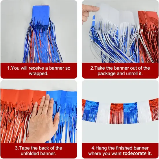 3 Packs Red White Blue Metallic Foil Fringe Garland Red White Blue Wall Hanging Tinsel Fringe Banners for Floats Birthday Bridal Shower Wedding New Year Party Decoration(30 Feet) {3}
