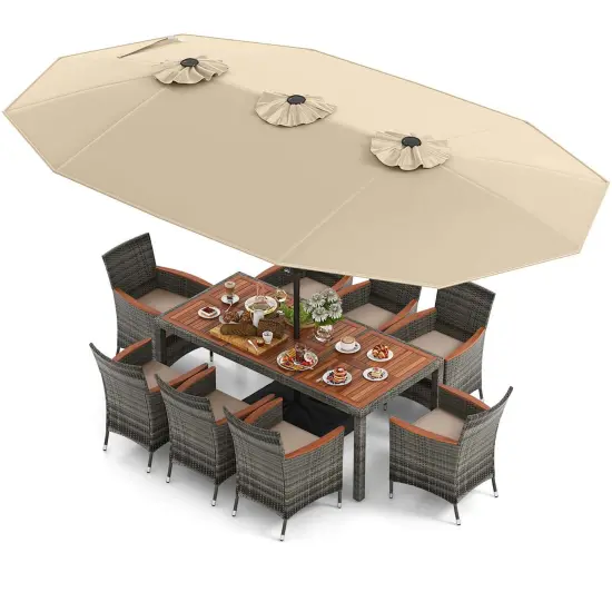 Costway 10 Pieces Patio Wicker Dining Set with Double-Sided Patio Umbrella 8 Armchairs Grey/Red/Orange/Turquoise/Beige/Coffee {10}