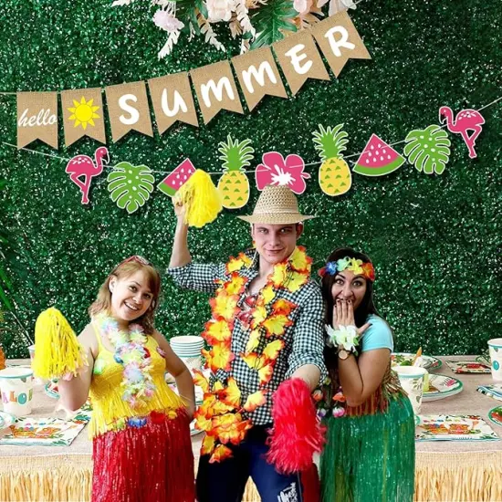Hello Summer Banner Decorations, 17pcs Burlap Hawaiian Beach Tropical Summer Banner Garland with Watermelon Flamingo Pineapple Palm Leaves Party Decorations {2}