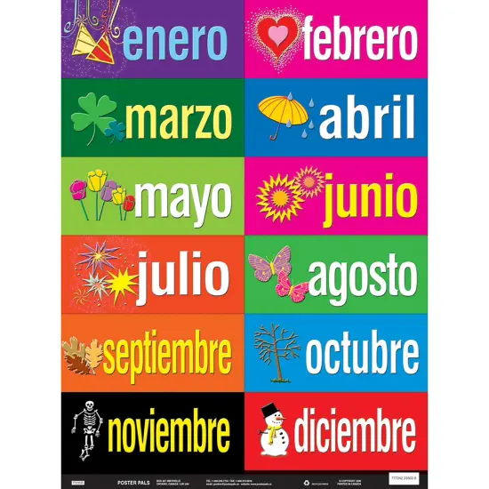 Poster Pals Spanish Educational and Language Teaching Chart posters,Classroom Decoration instruction, Months, Days, Seasons, Weather, FSL, 36 laminated card Set {6}