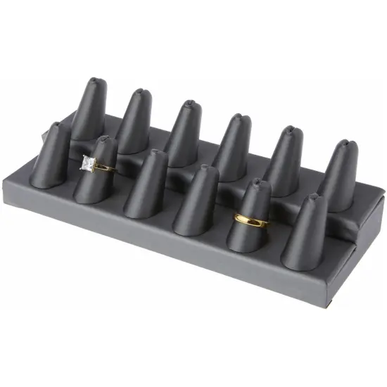Plymor Gray Faux Leather 2-Tier Ring Finger Display, Twelve on Rectangular Base, 8.125" W x 3.25" D x 2.5" H {3}