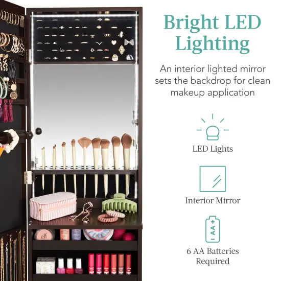 Best Choice Products Hanging Mirror Jewelry Armoire, Door or Wall Mounted Cabinet w/ LED Lights, Lock Espresso {3}