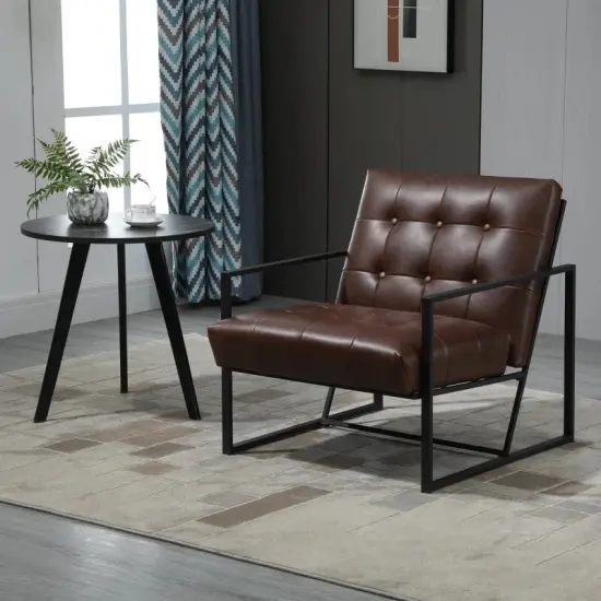 Retro Faux Leather Accent Chair with Metal Frame and Tufted Cushion for Living Room or Office {5}