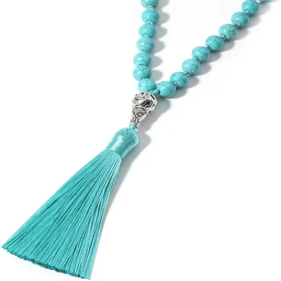 108 Mala Beads Necklace Semi-Precious Gem Stones Meditation Necklace 108 Hand Knotted Japa Mala Beaded Tassel Necklace with Tree of Life Pendant {5}