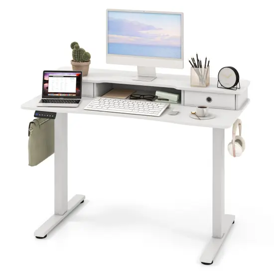 White Height Adjustable Electric Standing Desk with 2 Fabric Drawers {1}