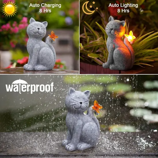 Solar Cat Outdoor Statues for Garden: Outside Decor with Butterfly Clearance for Yard Art Lawn Ornaments Porch Patio Balcony Home House - Birthday Gifts for Grandma Mom Women {5}