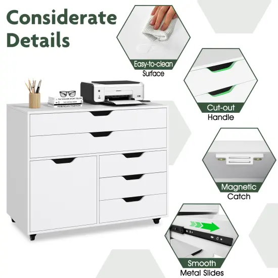 Modern Vertical 5-Drawer Mobile Chest with Door 5 Casters-White {6}