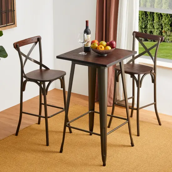 3 Piece Pub Table and Bar Chair Set - Steel Square Bar Table and Bar Chair Set Brown {8}