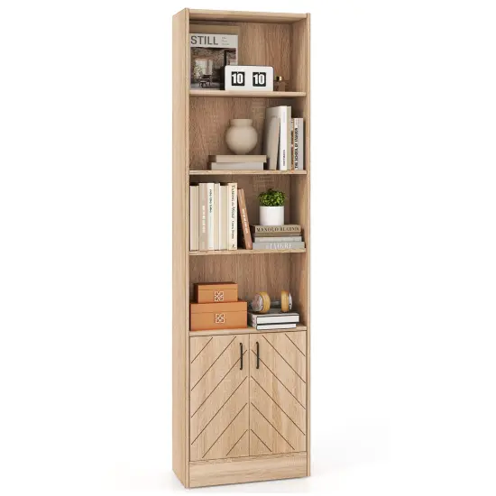 Oak Engineered Wood Bookcase with Vertical Strip Design Adjustable Shelf Double-Door Cabinet and Open Storage {4}