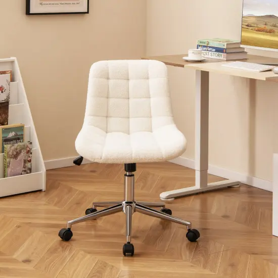 White Teddy Fleece Armless Office Chair with 5 Smooth Rolling Wheels and Metal Base {2}