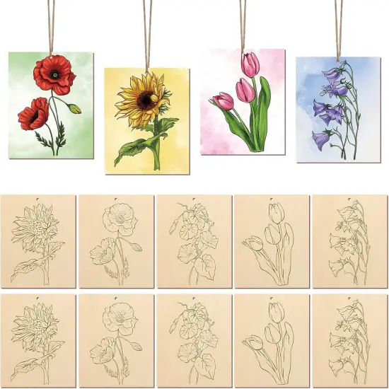 10 Pieces Large Flowers Unfinished Wood Crafts to Paint for Adults and Kids, Bulk Predrilled Wooden Ornaments for Painting, Tulips Flower Paintable Wood Slices Craft Supplies with Ropes {1}