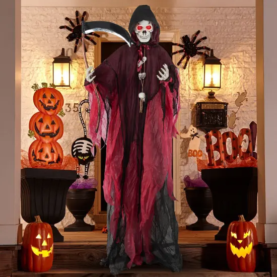 8 Feet Sound Activated Grim Reaper Halloween Prop with Lighted Eyes and Scary Sounds for Yard Decor {3}