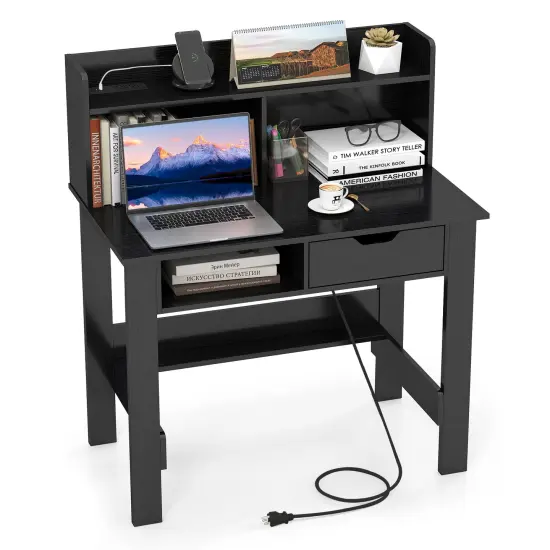Black Wooden Computer Desk with 2 Outlets, 2 USB Ports and 1 Type-C Port {4}