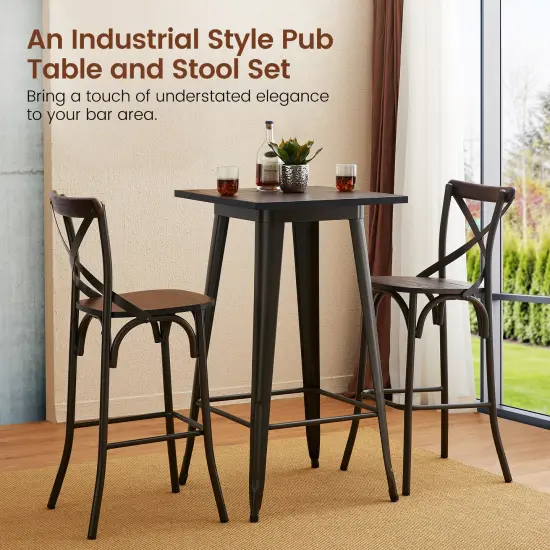 3 Piece Pub Table and Bar Chair Set - Steel Square Bar Table and Bar Chair Set Brown {3}