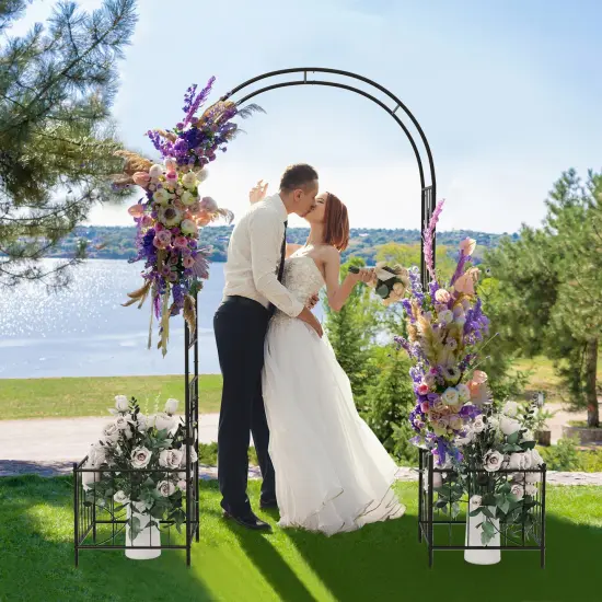 2 in 1 Garden Arbor with 2 Side Planters and 8 Ground Stakes-Black {6}