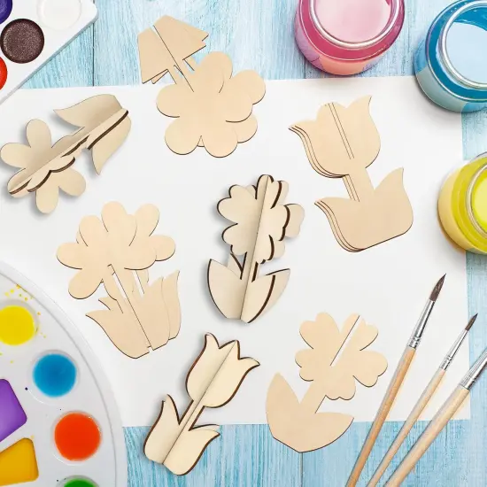 DIY 3D Flower Spring Wood Crafts to Paint for Kids Adults, Paintable Unfinished Wooden Slices for Craft, Flowers Cutouts Ornaments for Painting Decorations (24 PCS) {2}