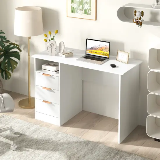 White Home Office Desk with Power Outlet 3 Storage Drawers and Open Compartment {2}