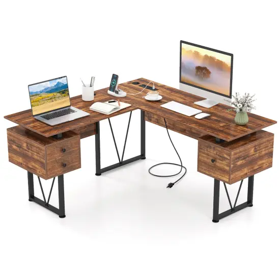 Rustic Brown L-shaped Computer Desk with Power Outlets and 3 Storage Drawers {4}