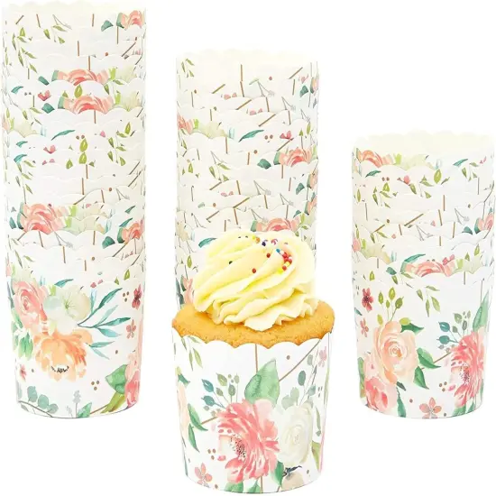 50 Pack Floral Cupcake Wrappers for Wedding, Watercolor Flower Paper Baking Cups and Muffin Liners for Garden Tea Parties, Baking Favors, Bridal or Baby Showers- (2.25 x 2.75 In) {1}