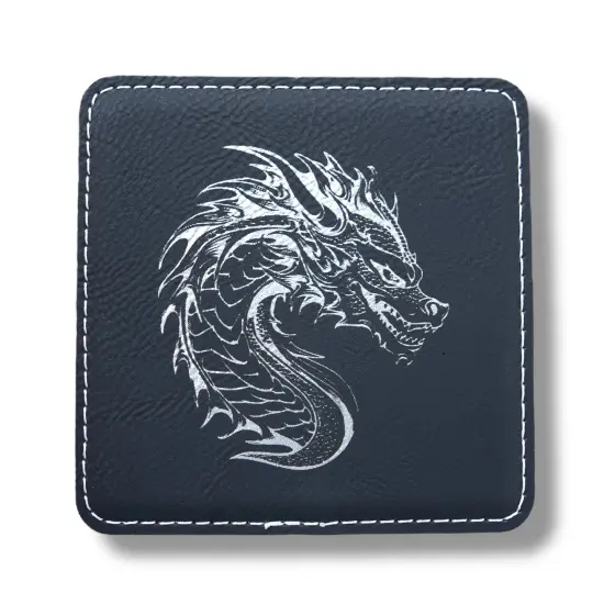 Coaster - Dragon - SET OF 2 - Leather or Stitched Cork Black/Silver {5}