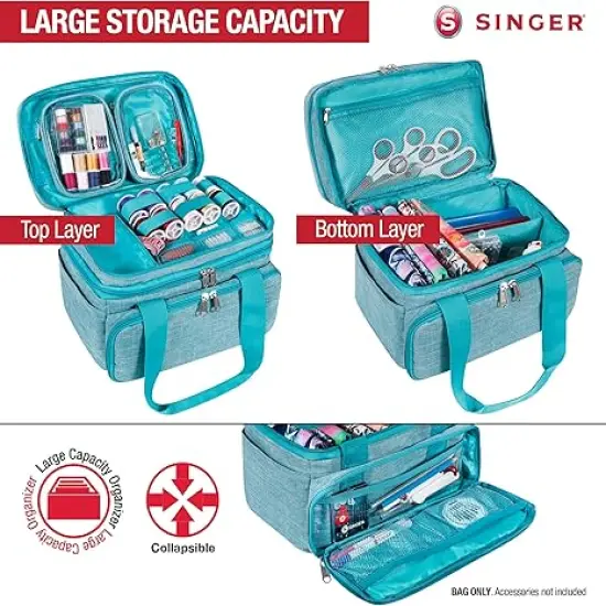 Sewing Accessories Organizer (Bag Only) &ndash; Double Layer Portable Sewing Storage Bag | 2 Detachable Pouches and 18 Compartments, Large Sewing Supplies & Crafting Carry-all (Teal) {2}