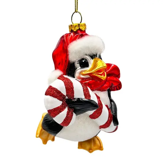 Penguin with Candy Glass Christmas Ornament, Arctic Bird Classic Tree Decoration {1}