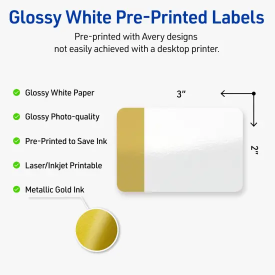 Avery Printable Rectangle Labels, Gold-Dipped Edge, 2" x 3", Glossy White Rectangle Labels, Permanent, Laser/Inkjet, 80ct, Great for Product Labels {2}