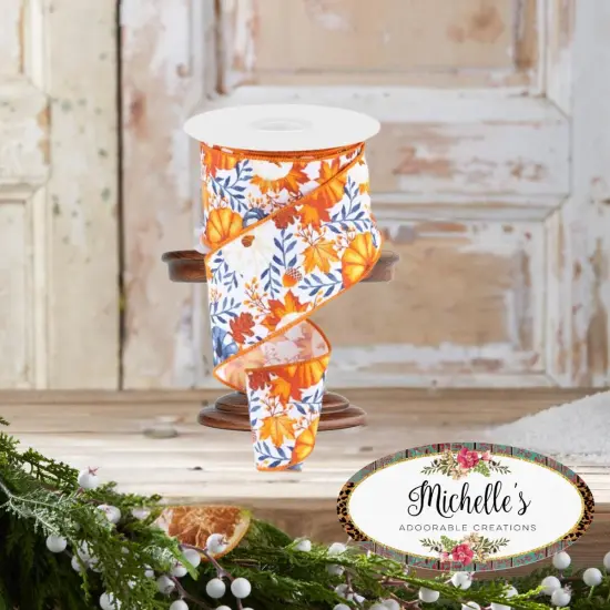 2.5" Pumpkin Foliage Ribbon: White/Navy (10 Yards) {4}