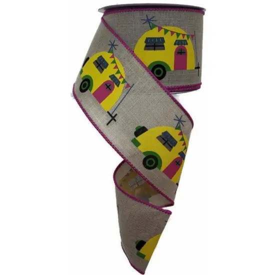 2.5" Summer Camper Ribbon: Lt Natural/Fuchsia (10 Yards) {1}