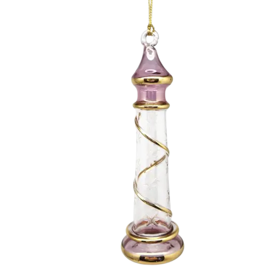 Glass Lighthouse Ornament With Gold Accent - Pink {1}