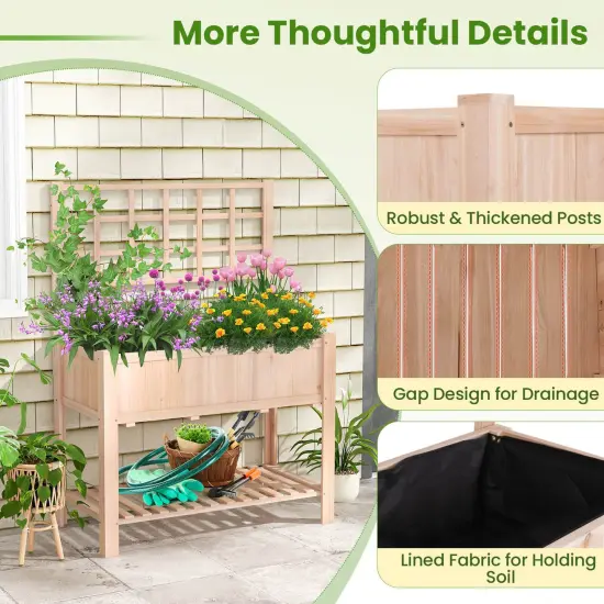 Costway Raised Garden Bed Elevated Wooden Planter Box with Trellis & Open Storage Shelf {5}