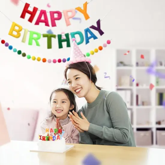 Happy Birthday Banner - Rainbow Color Felt Ball Garland, Personalized Sign {4}