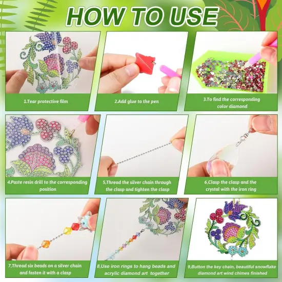 6 Pcs Diamond Art Kits Birds Diamond Wind Chimes Kit Diamond Art Suncatchers Double Sided Flower Ornaments with Crystal Pendant for Adults DIY Spring Summer Home Garden Hanging Ornament {5}