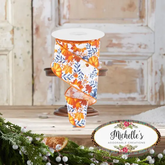 2.5" Pumpkin Foliage Ribbon: White/Navy (10 Yards) {2}