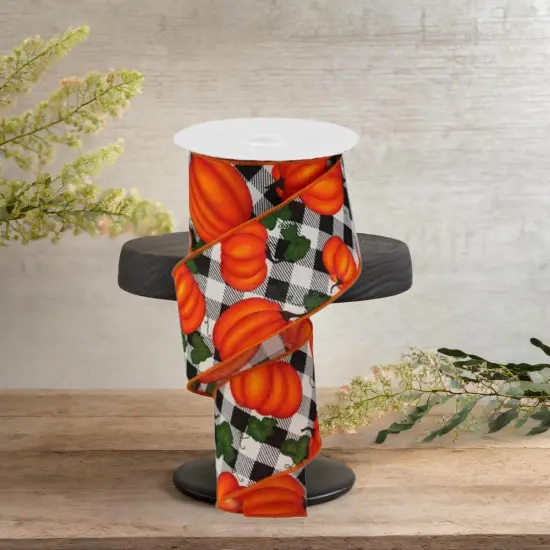 2.5" Leaves Pumpkin on Check Ribbon: Cream (10 Yards) {3}