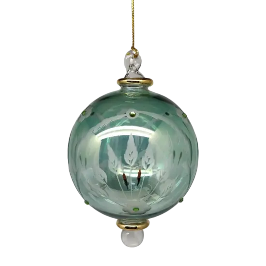 Etched Blown Glass Ball with Crystal Accents - Green {2}