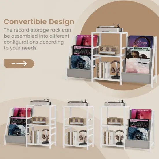 Wooden Record Player Stand with 3 Shelves, Turntable Display for up to 200 Albums, Compact Storage Solution White {6}