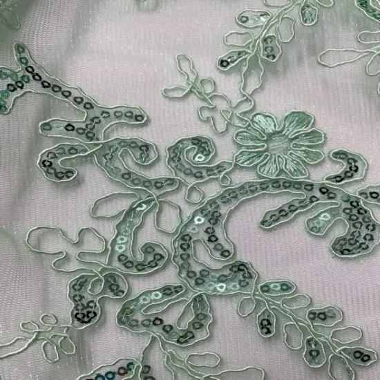 1 Yard Mint Green Corded Sequin Lace Mesh Fabric with Double Scalloped Edge 54&rdquo; Wide {5}