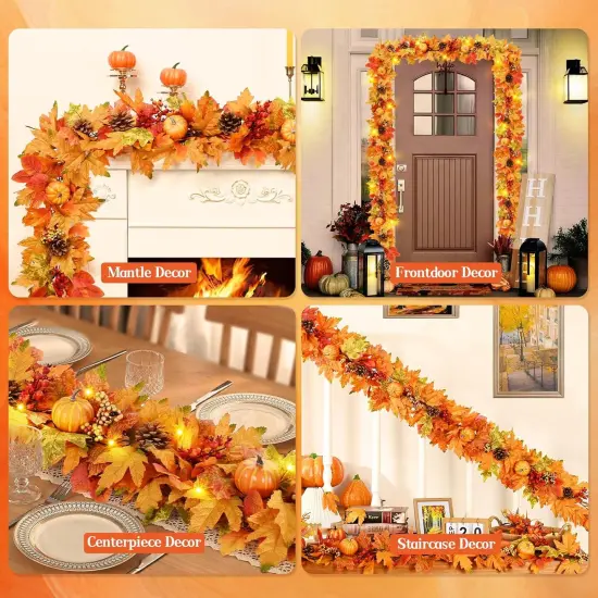 5.9 FT Fall Garland Pumpkins, Pinecones Berries & Maple Leaves with Lights - 1 PC {6}